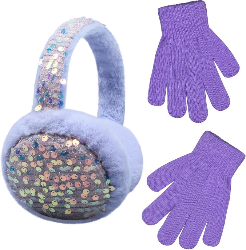 GSFY Ear Muffs Gloves Set for Kids Girls Adjustable Winter Sequin Faux Fur Windproof Warm Ear Warmer Outdoor - Image 1